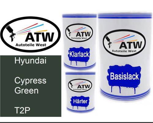 Hyundai, Cypress Green, T2P: 500ml Lackdose + 500ml Klarlack + 250ml Härter - Set, von ATW Autoteile West.